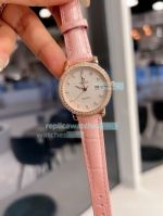 Omega Replica Ladies Watch White Dial Diamonds Bezel Pink Leather Strap 28mm